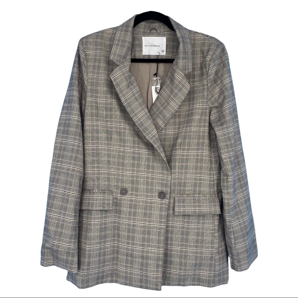 Olivaceous Blazer S Double Breasted Button Front Pockets Plaid Cream Black New